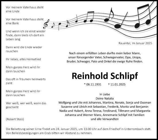 Traueranzeige von Reinhold Schlipf von Schwäbische Post