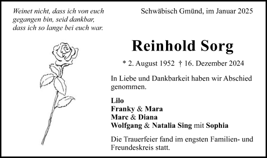 Traueranzeige von Reinhold Sorg von Gmünder Tagespost