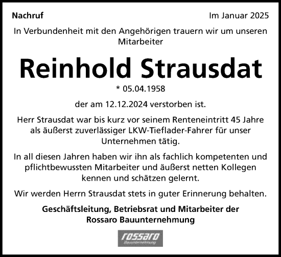Traueranzeige von Reinhold Strausdat von Schwäbische Post