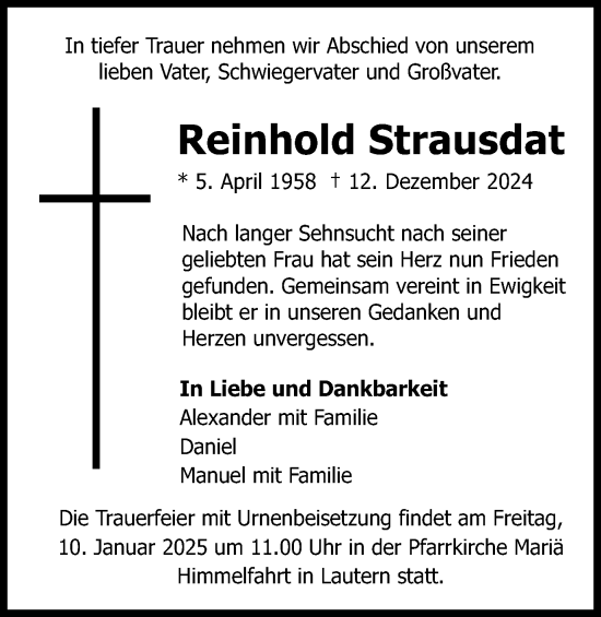 Traueranzeige von Reinhold Strausdat von Schwäbische Post