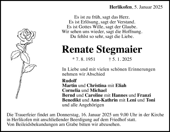 Traueranzeige von Renate Stegmaier von Gmünder Tagespost