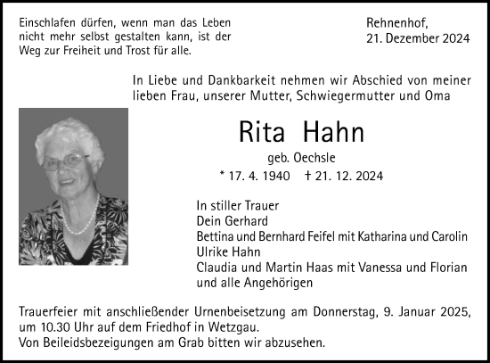 Traueranzeige von Rita Hahn von Gmünder Tagespost