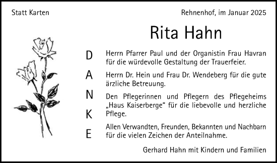 Traueranzeige von Rita Hahn von Gmünder Tagespost