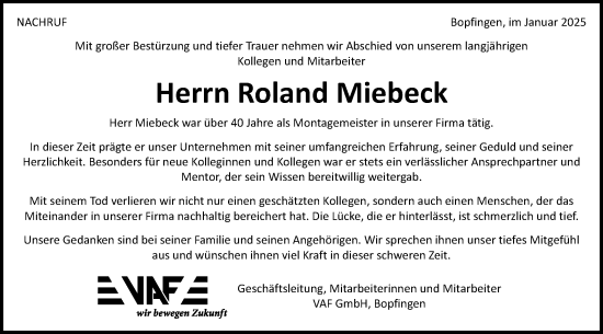 Traueranzeige von Roland Miebeck von Schwäbische Post