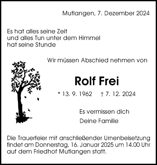 Traueranzeige von Rolf Frei von Gmünder Tagespost