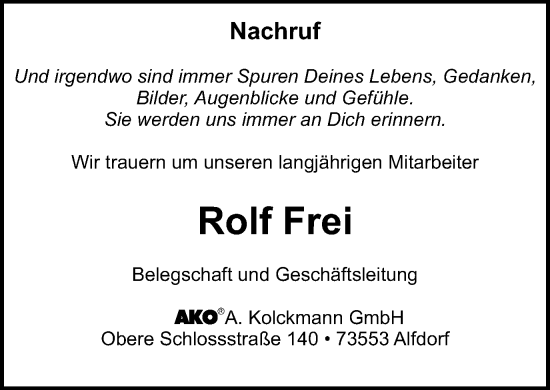 Traueranzeige von Rolf Frei von Gmünder Tagespost