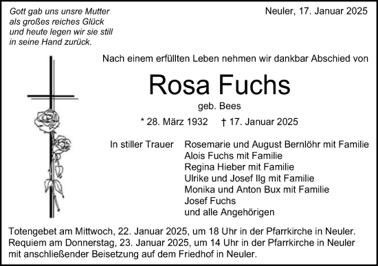 Traueranzeige von Rosa Fuchs von Schwäbische Post