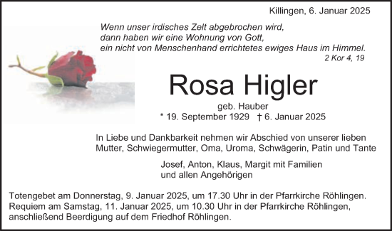 Traueranzeige von Rosa Higler von Schwäbische Post