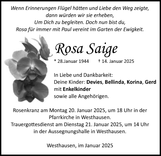 Traueranzeige von Rosa Saige von Schwäbische Post