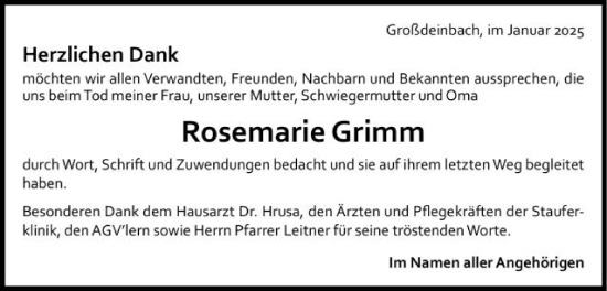 Traueranzeige von Rosemarie Grimm von Gmünder Tagespost