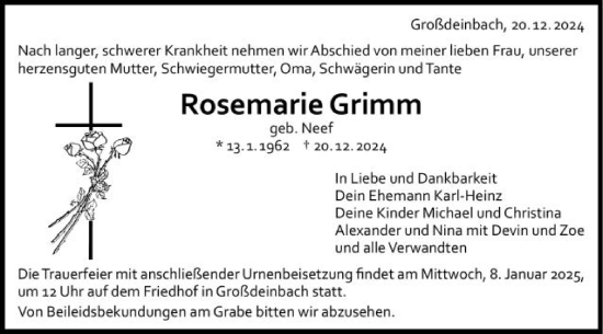 Traueranzeige von Rosemarie Grimm von Gmünder Tagespost