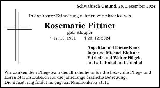 Traueranzeige von Rosemarie Pittner von Gmünder Tagespost