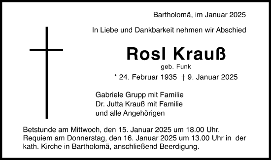 Traueranzeige von Rosl Krauß von Gmünder Tagespost