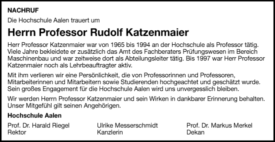Traueranzeige von Rudolf Katzenmaier von Schwäbische Post