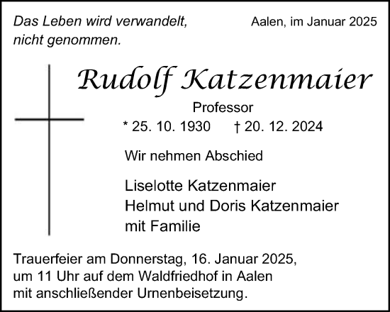 Traueranzeige von Rudolf Katzenmaier von Schwäbische Post