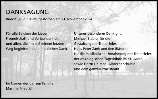 Traueranzeige von Rudolf Kurz von Schwäbische Post