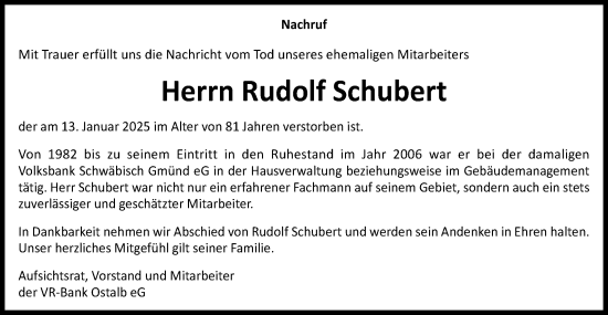 Traueranzeige von Rudolf Schubert von Gmünder Tagespost