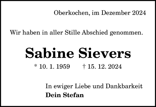Traueranzeige von Sabine Sievers von Schwäbische Post