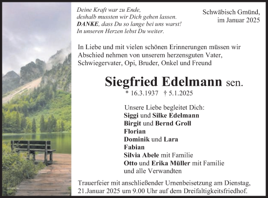 Traueranzeige von Siegfried Edelmann von Gmünder Tagespost