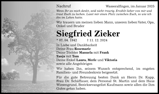 Traueranzeige von Siegfried Zieker von Schwäbische Post