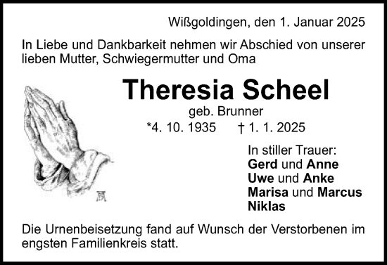 Traueranzeige von Theresia Scheel von Gmünder Tagespost