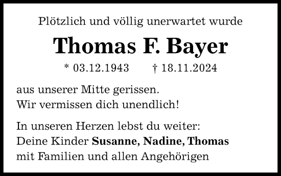 Traueranzeige von Thomas Bayer von Schwäbische Post