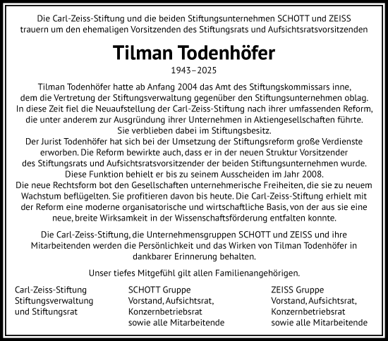 Traueranzeige von Tilman Todenhöfer von Schwäbische Post