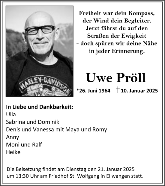 Traueranzeige von Uwe Pröll von Schwäbische Post