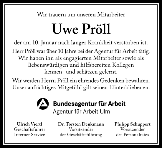 Traueranzeige von Uwe Pröll von Schwäbische Post