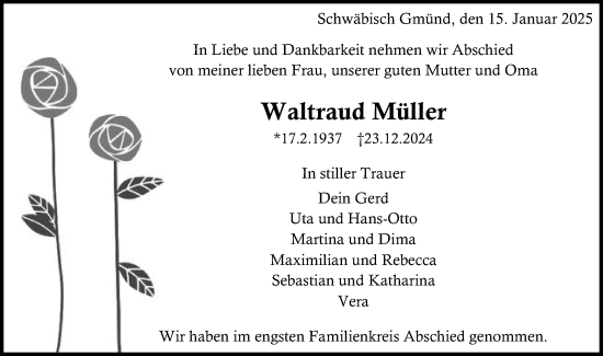 Traueranzeige von Waltraud Müller von Gmünder Tagespost