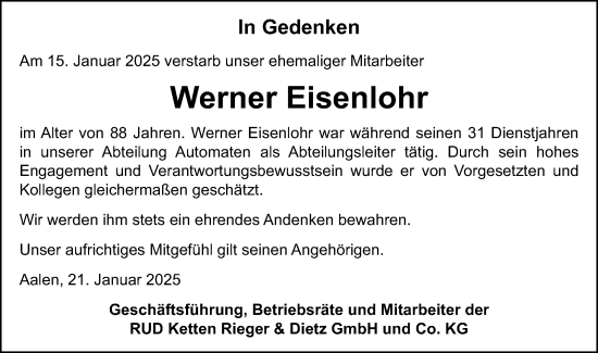 Traueranzeige von Werner Eisenlohr von Schwäbische Post
