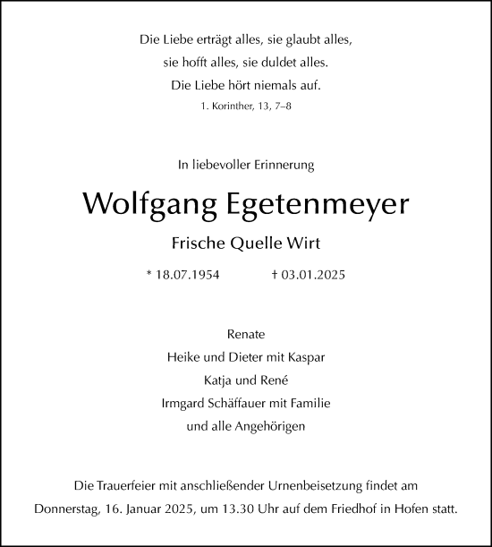 Traueranzeige von Wolfgang Egetenmeyer von Schwäbische Post