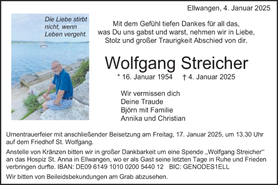 Traueranzeige von Wolfgang Streicher von Schwäbische Post