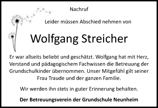 Traueranzeige von Wolfgang Streicher von Schwäbische Post