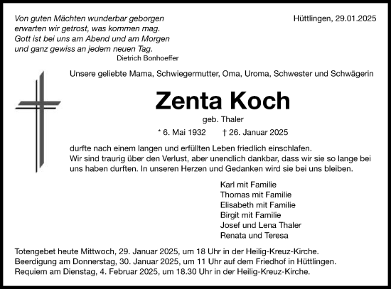 Traueranzeige von Zenta Koch von Schwäbische Post