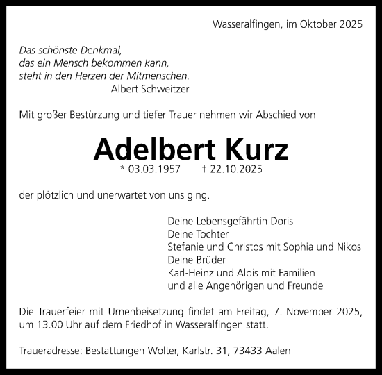 Traueranzeige von Adelbert Kurz von Schwäbische Post