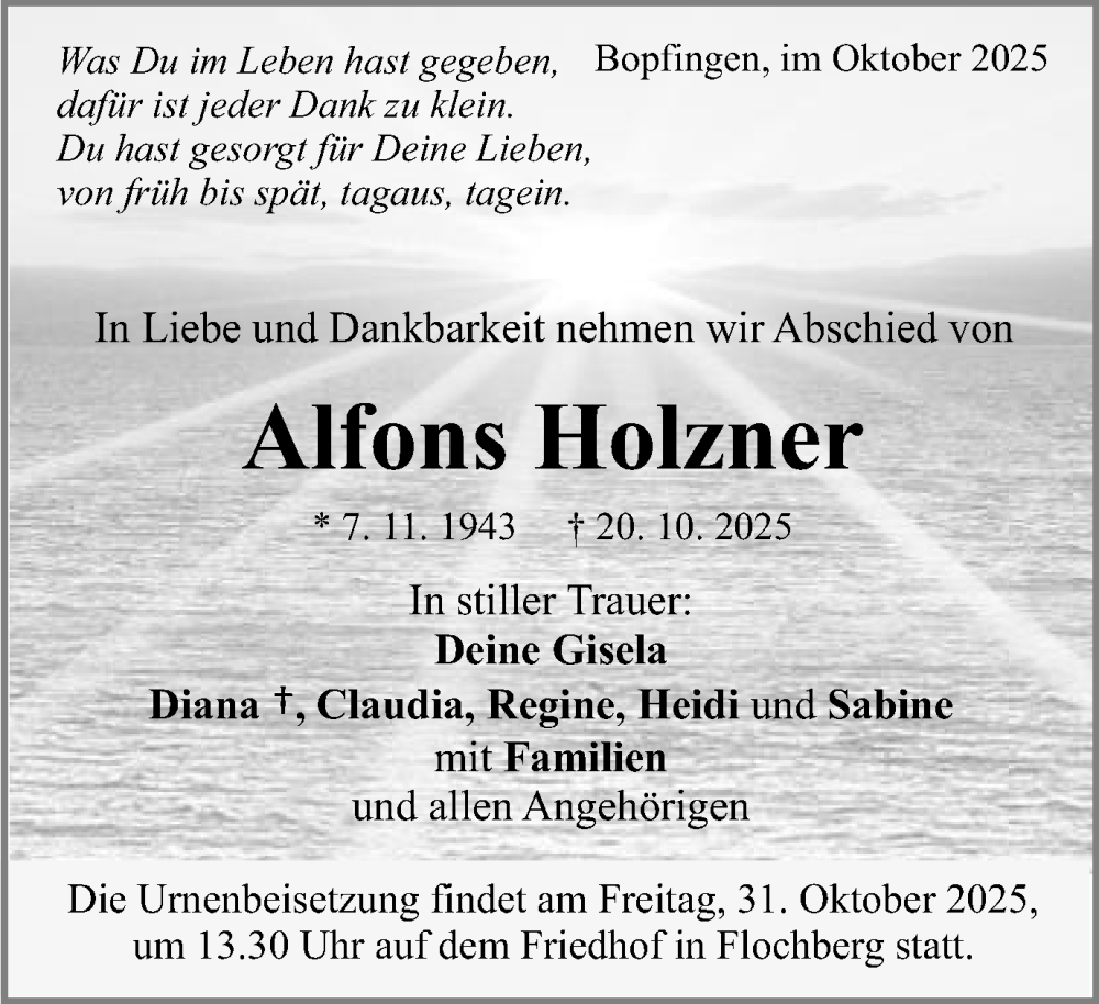  Traueranzeige für Alfons Holzner vom 25.10.2025 aus Schwäbische Post