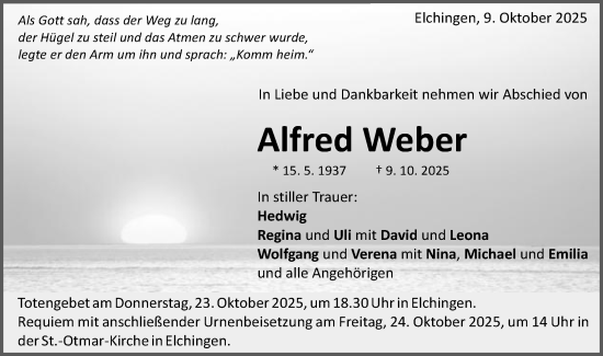Traueranzeige von Alfred Weber von Schwäbische Post