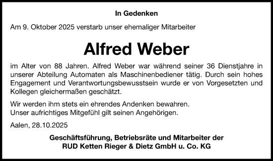 Traueranzeige von Alfred Weber von Schwäbische Post
