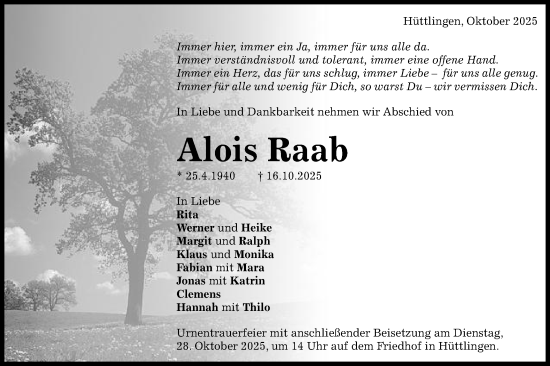 Traueranzeige von Alois Raab von Schwäbische Post