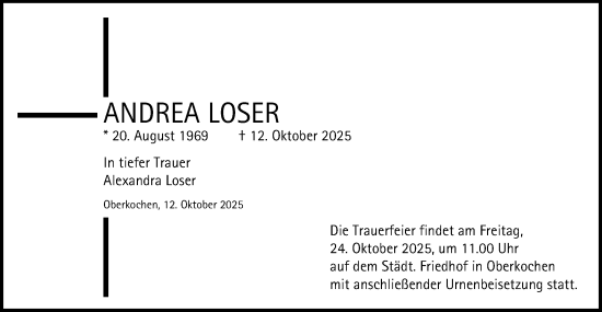 Traueranzeige von Andrea Loser von Schwäbische Post