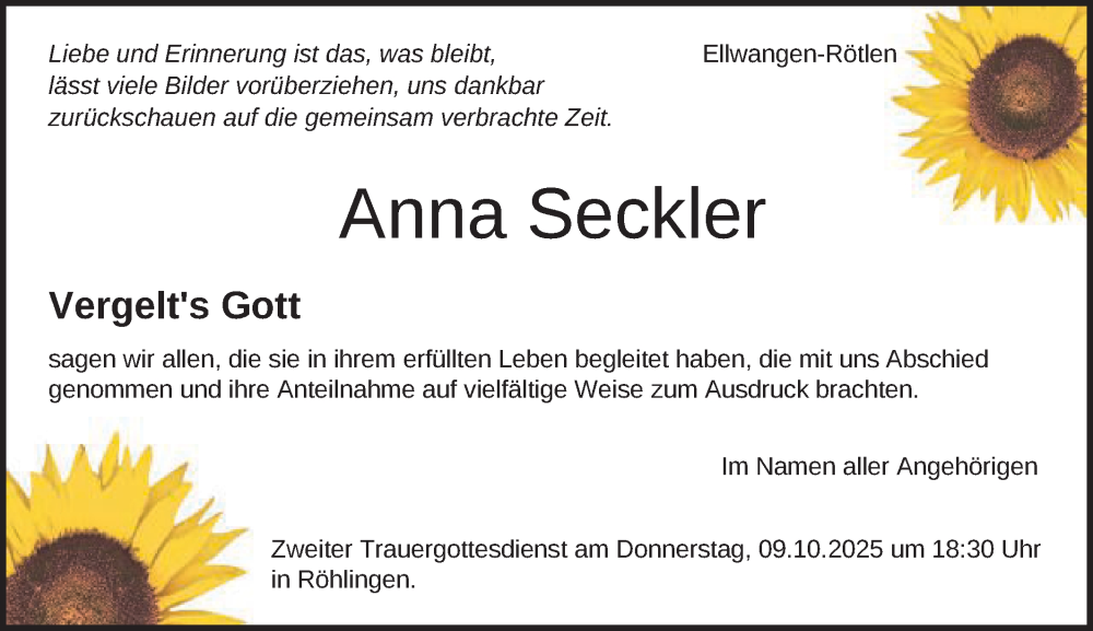  Traueranzeige für Anna Seckler vom 07.10.2025 aus Schwäbische Post