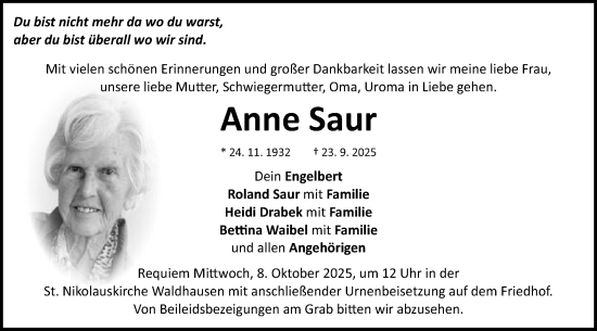 Traueranzeige von Anne Saur von Schwäbische Post