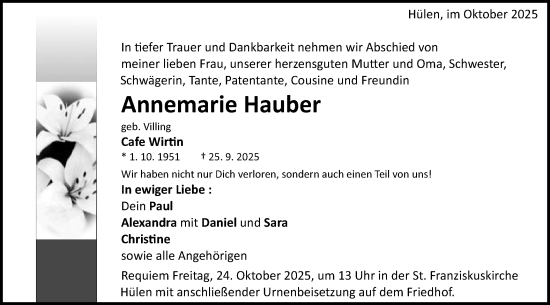 Traueranzeige von Annemarie Hauber von Schwäbische Post