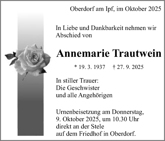 Traueranzeige von Annemarie Trautwein von Schwäbische Post