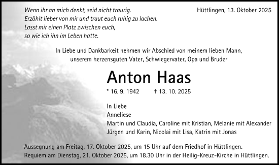 Traueranzeige von Anton Haas von Schwäbische Post