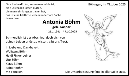 Traueranzeige von Antonia Böhm von Gmünder Tagespost