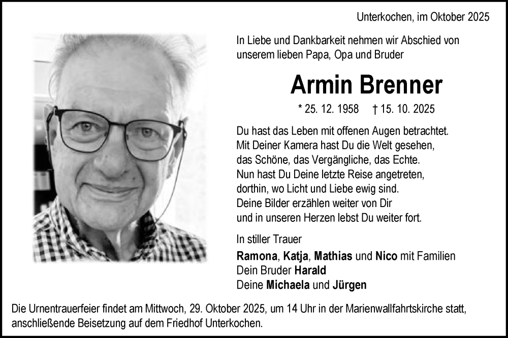  Traueranzeige für Armin Brenner vom 25.10.2025 aus Schwäbische Post