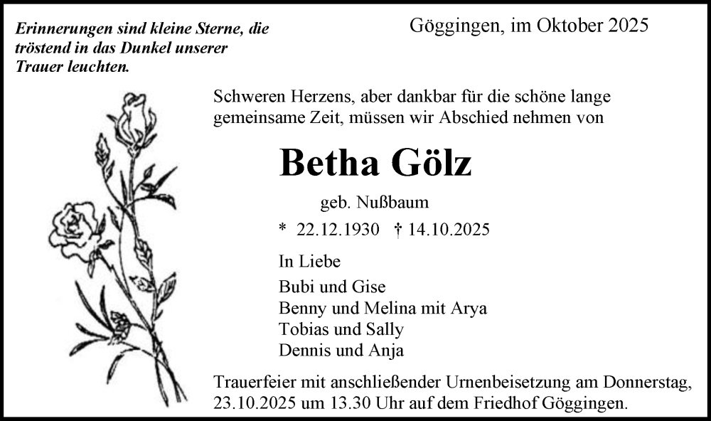  Traueranzeige für Betha Gölz vom 21.10.2025 aus Gmünder Tagespost
