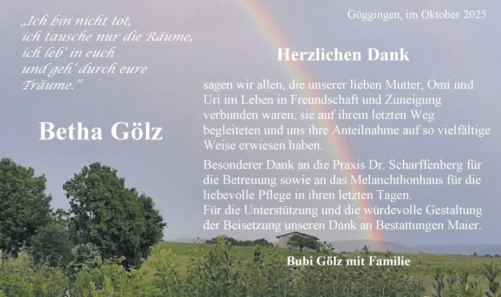  Traueranzeige für Betha Gölz vom 31.10.2025 aus Gmünder Tagespost